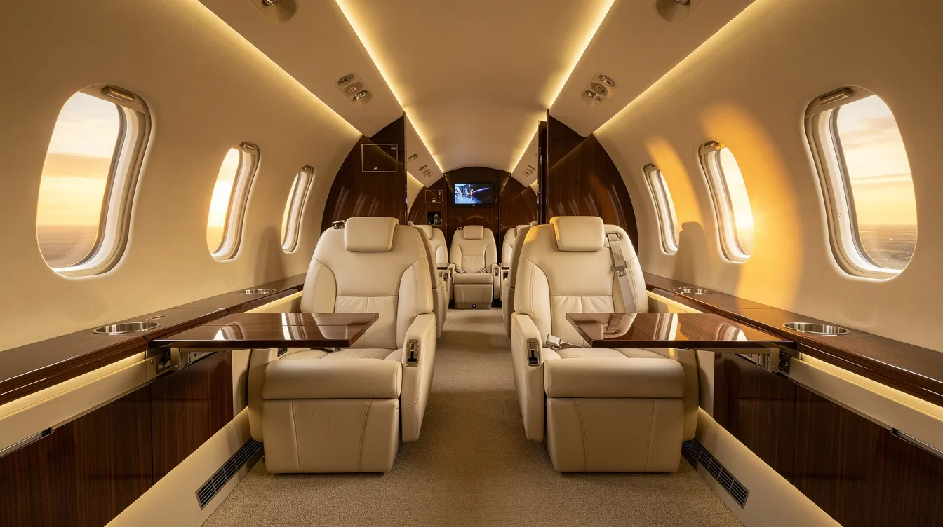 The image depicts a luxurious private jet interior featuring cream leather seats and warm cabin lighting, designed for comfort and elegance. This sophisticated environment contrasts with the high-performance world of fighter jets, where advanced avionics and air superiority are paramount.