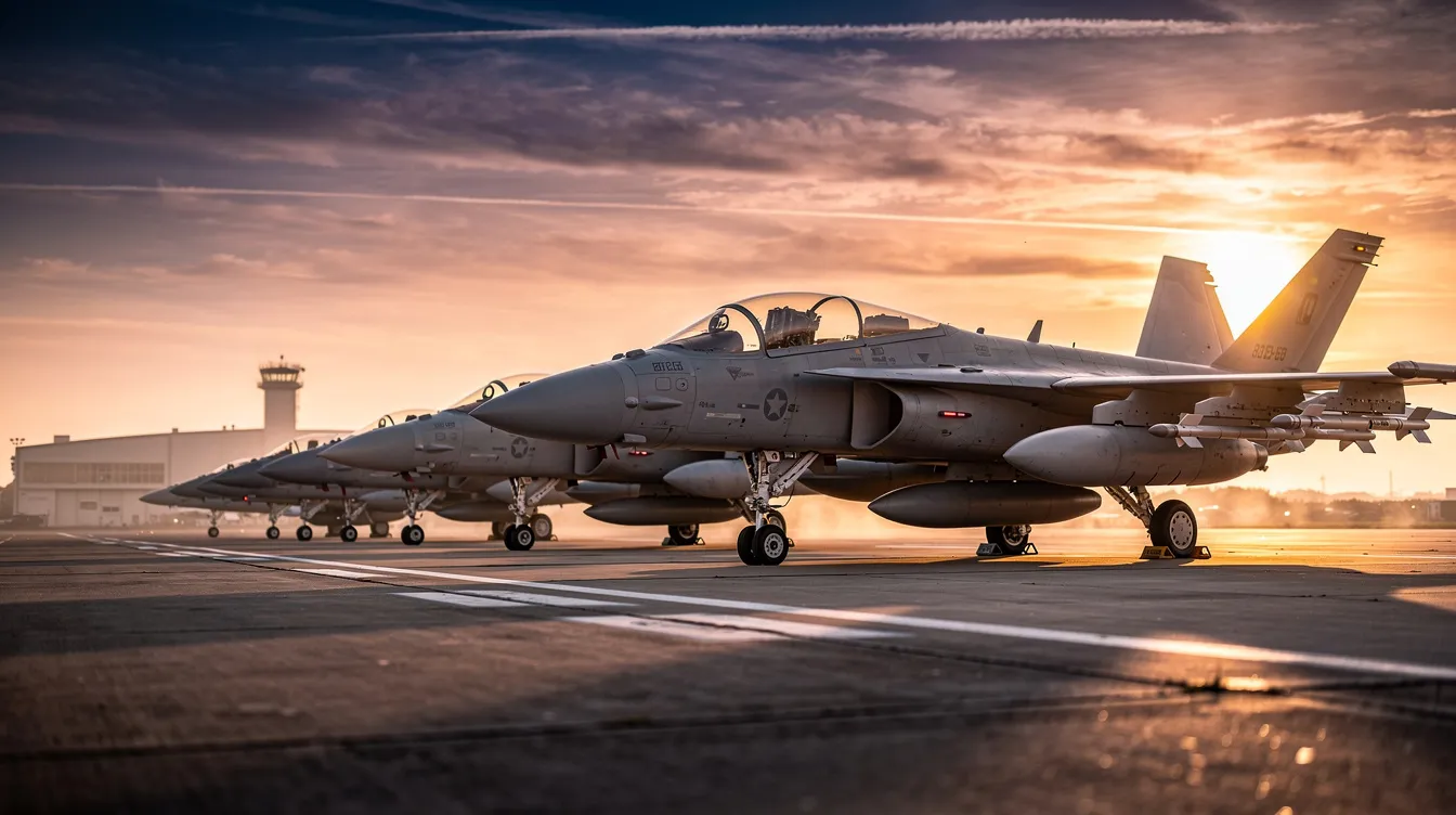 A row of military fighter jets, including advanced stealth aircraft like the F-35 Lightning II, is lined up on a runway at sunset, showcasing their sleek airframes and air superiority capabilities. The scene captures the essence of air force readiness, highlighting the technological advancements and exceptional agility of these multirole fighters.