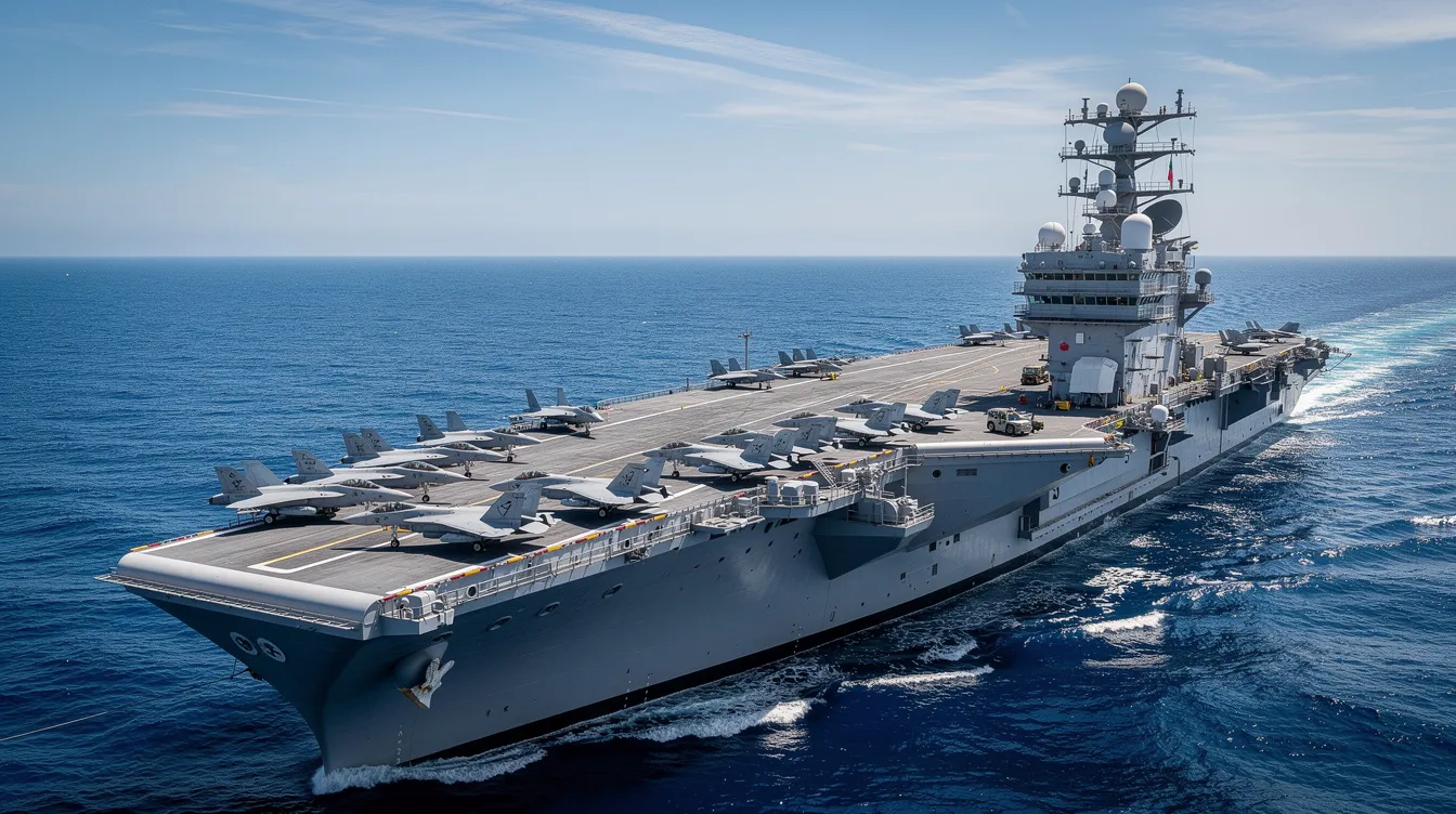 A modern aircraft carrier is depicted at sea, showcasing military jets arranged neatly on the flight deck beneath clear skies. The scene represents air superiority capabilities, highlighting the strategic importance of aircraft carriers in military operations, particularly in air combat scenarios.