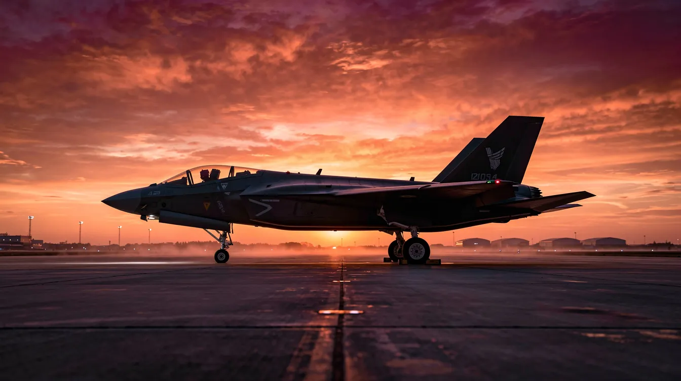 A sleek military jet aircraft is silhouetted against a vivid sunset, positioned on a wide runway, symbolizing air superiority and the advanced capabilities of the United States Air Force. This striking image captures the essence of modern military aviation and its operational history.