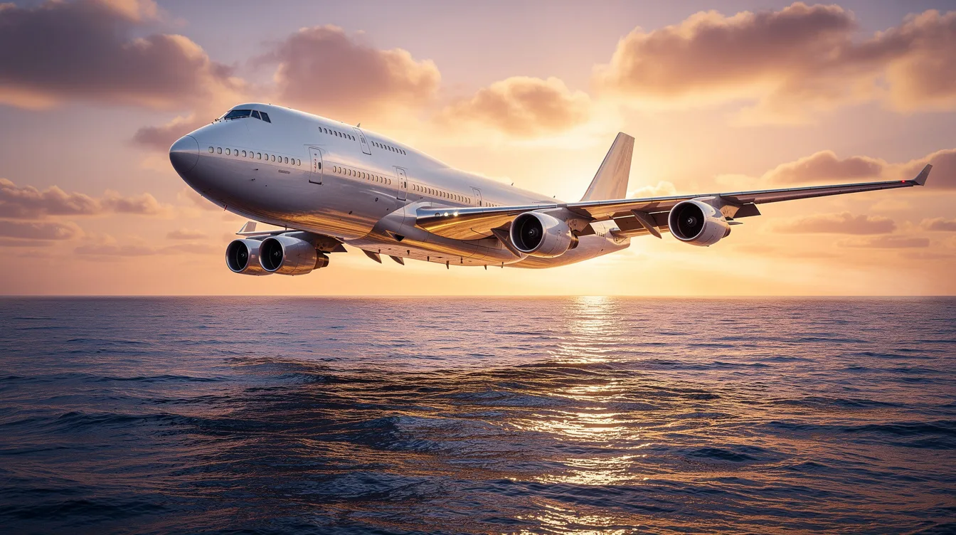 A Boeing 747, a prominent double deck aircraft known for its wide body and high passenger capacity, soars gracefully over the ocean, showcasing its distinctive upper-deck hump against a stunning golden sunset sky. This iconic airplane, a symbol of commercial aviation, is often utilized for long haul travel, connecting passengers across the world.