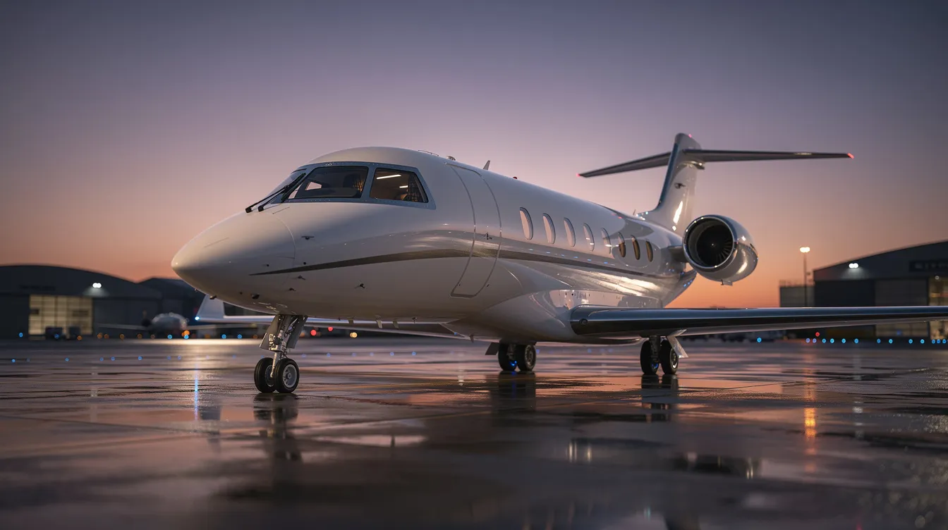 A sleek modern private jet, featuring a wide body and two passenger decks, is parked on the tarmac at dusk, with glowing runway lights illuminating the background. This aircraft represents the latest in commercial aviation technologies, showcasing its efficient design and spacious cabin for air travel.