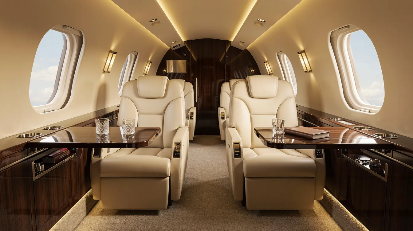 The image depicts the interior of a luxurious private jet cabin featuring cream leather seats, warm ambient lighting, and polished wood finishes, creating an elegant atmosphere ideal for long haul travel. This spacious cabin design emphasizes comfort and sophistication, making it perfect for passengers seeking a first class experience in the skies.