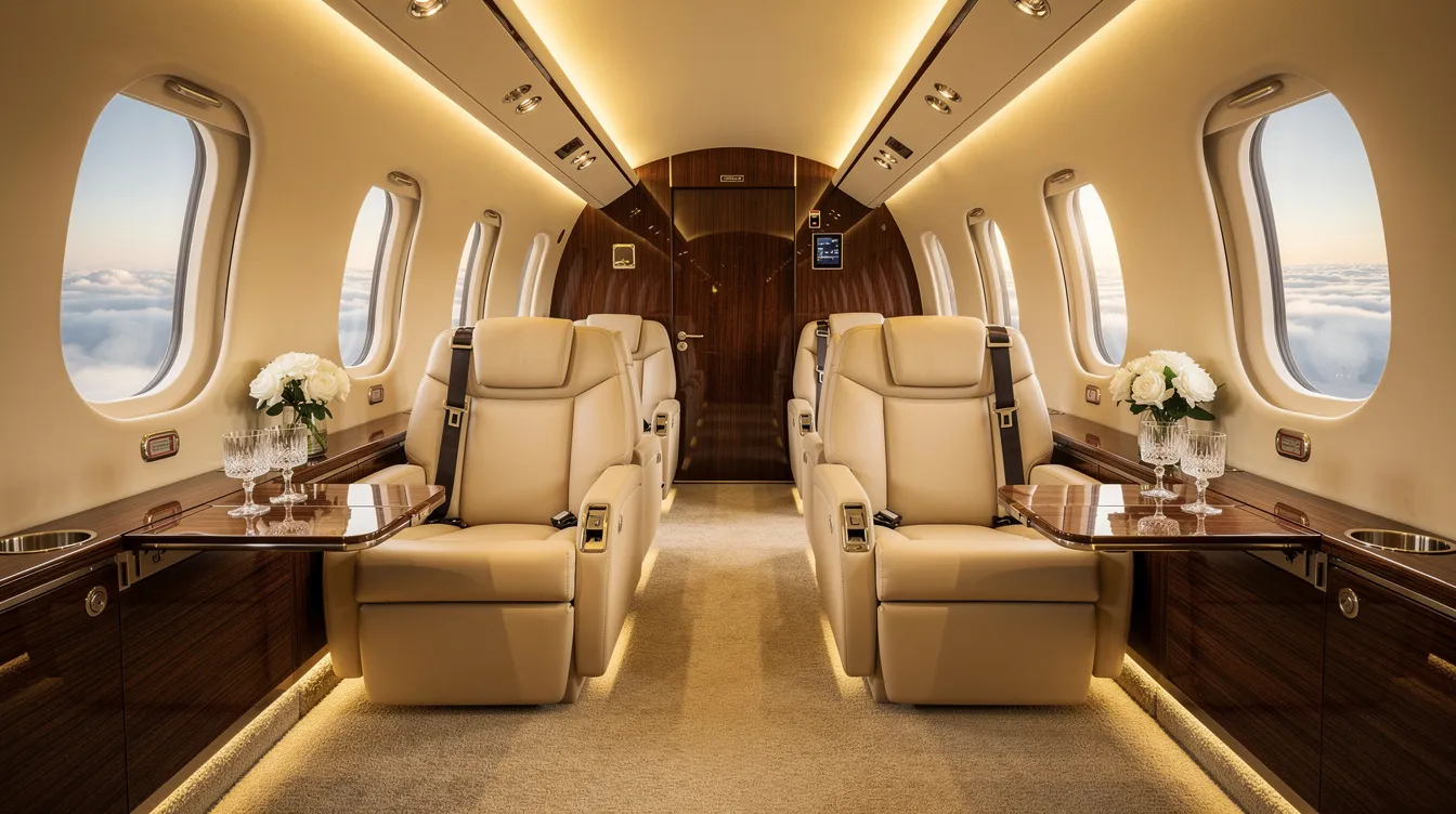 The image depicts the interior of a spacious private jet cabin featuring luxurious leather seats, warm ambient lighting, and elegant wood grain accents, creating a comfortable and sophisticated atmosphere for passengers. This cabin design reflects the high-end service and comfort typically associated with premium aircraft.