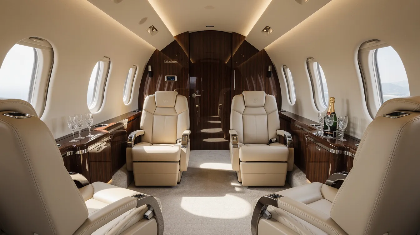 The image depicts a luxurious private jet interior featuring cream leather seats and elegant wood paneling, creating a sophisticated atmosphere. This spacious cabin is designed for comfort, ideal for high-profile passengers seeking a premium travel experience.