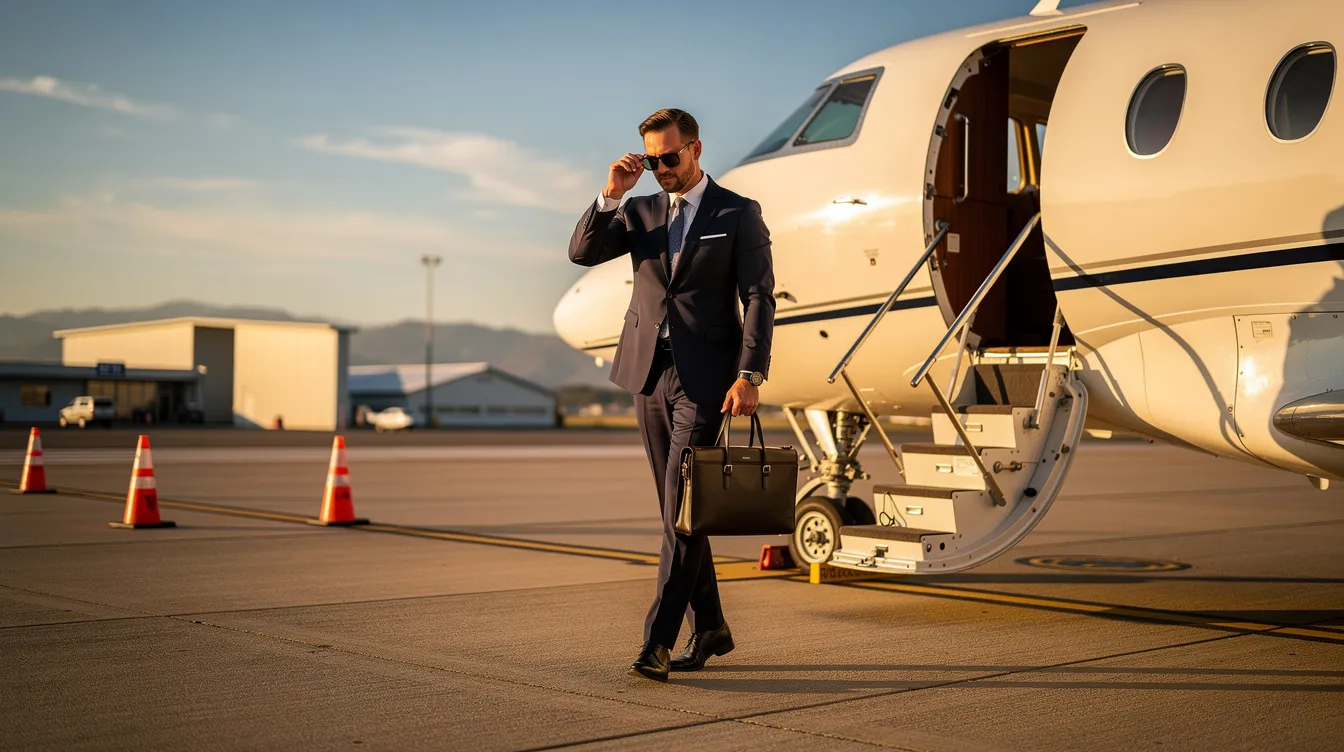 An executive is stepping off a sleek Boeing business jet onto the tarmac of a small airport, showcasing the luxurious travel associated with commercial aviation. The aircraft, known for its improved fuel efficiency and advanced technology, is a symbol of modern air travel and corporate success.