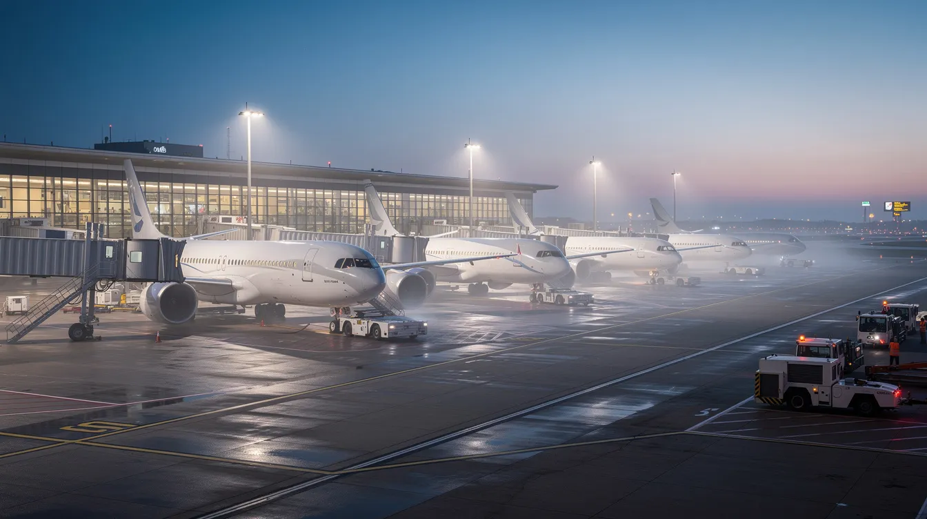 A row of commercial jet aircraft, including models like the Boeing 737, is parked at airport gates during the early morning light, ready for passenger boarding. The scene reflects the hustle of commercial aviation, showcasing the sleek fuselage and extended wing spans of these fuel-efficient airliners.