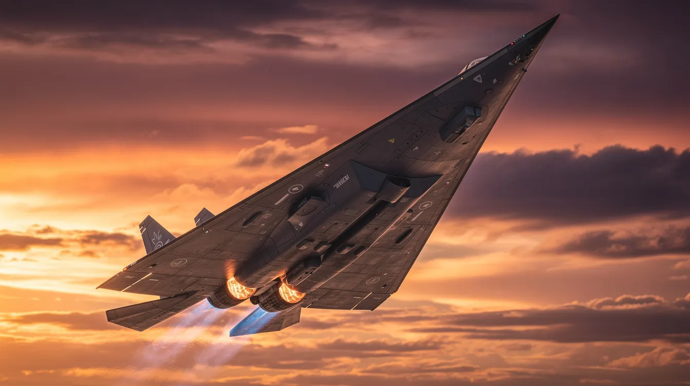 A delta-wing fighter jet is climbing steeply into the sky, silhouetted against a stunning sunset that casts vibrant colors across the horizon. The aircraft, reminiscent of the MIG 29, showcases its sleek design as it takes flight, embodying the power and agility of modern military aviation.
