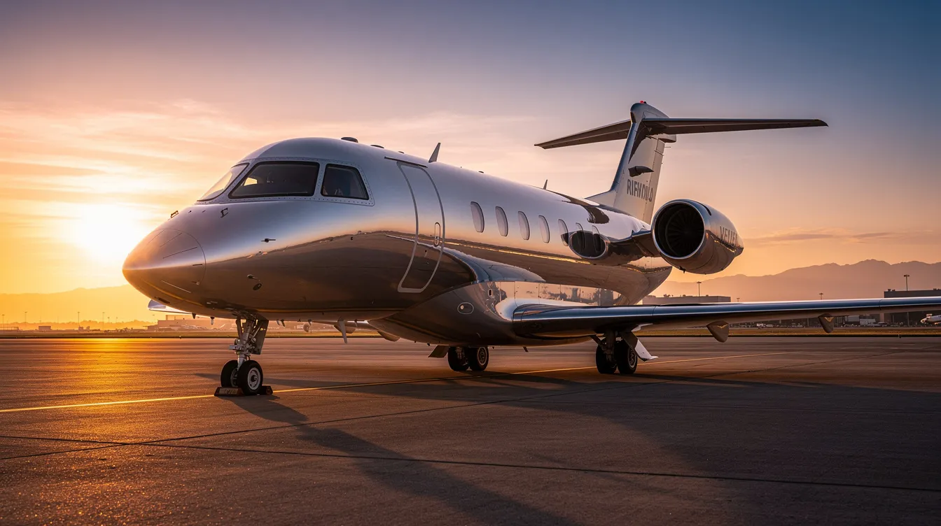 A sleek private jet, reflecting golden light from the sunset, is parked on a runway, showcasing its advanced design and capabilities. The aircraft stands as a symbol of air superiority and global partnerships in the realm of aviation.