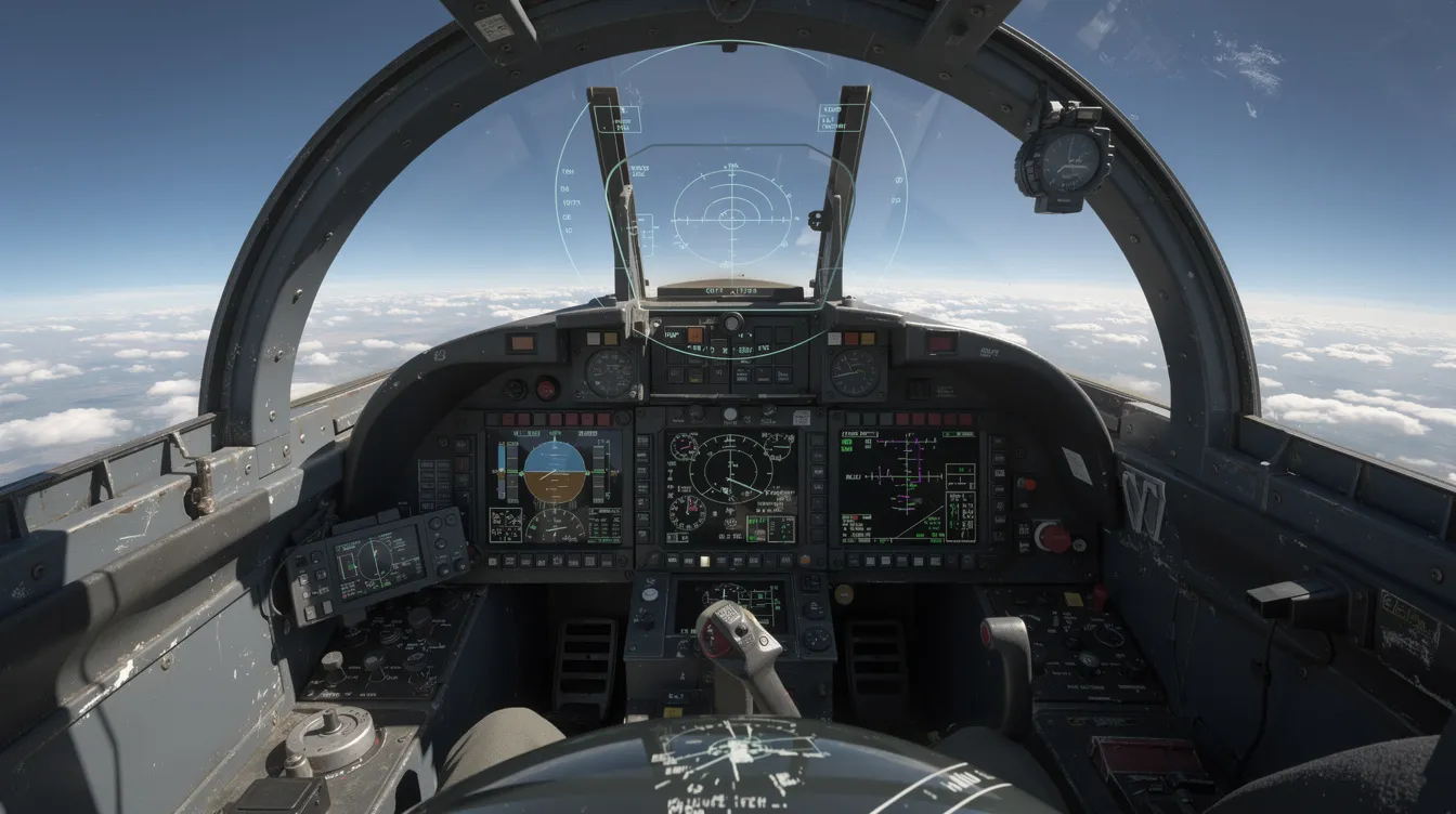 The image captures a pilot's perspective from inside a fighter jet cockpit, featuring advanced digital displays and a heads-up display, with a clear view of the sky through the canopy. This scene highlights the technology and capabilities of modern fighter aircraft, essential for maintaining air superiority and mission success in combat operations.