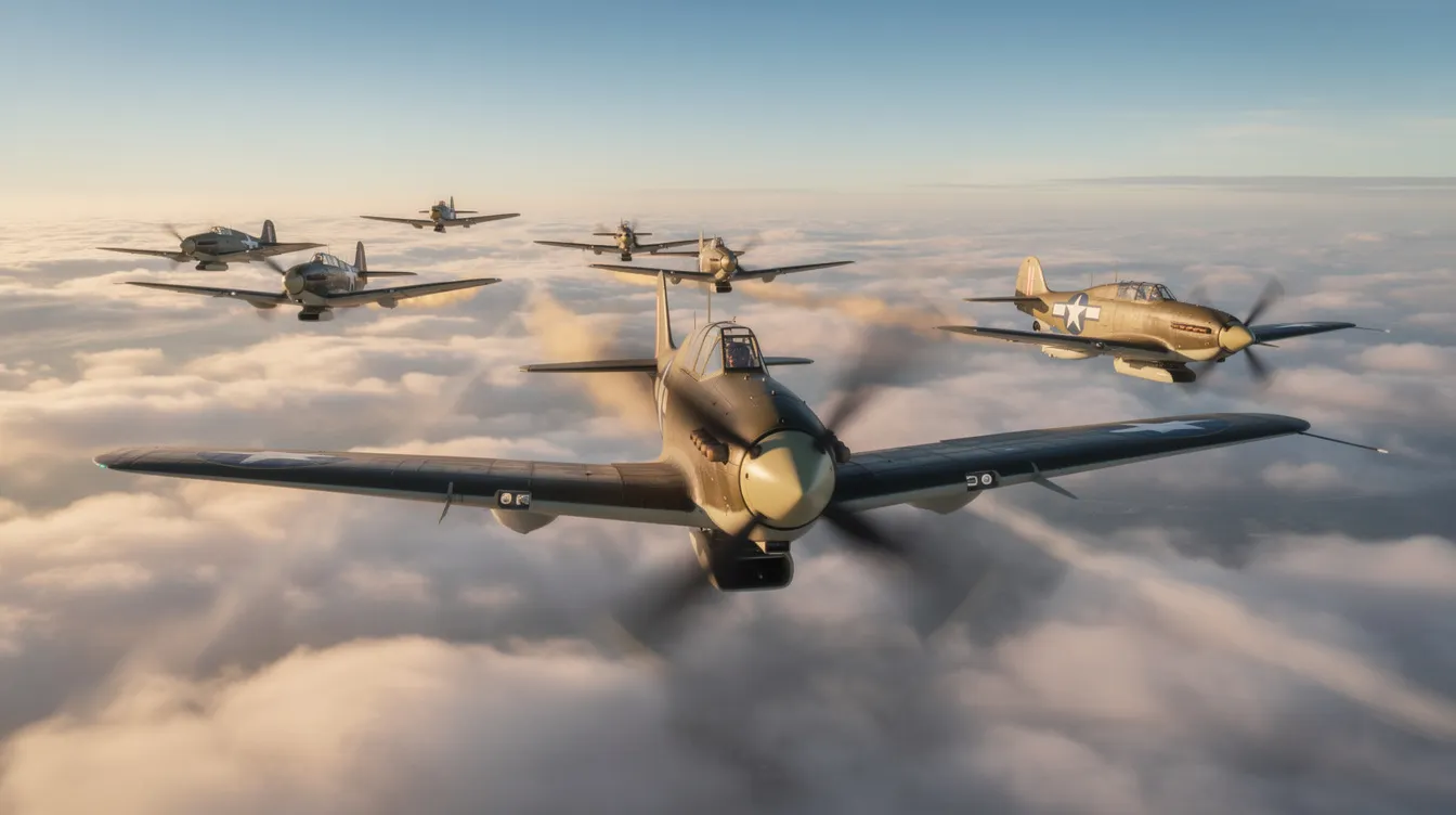 A formation of propeller-driven World War II era fighter planes is soaring above scattered clouds, showcasing their air superiority and capabilities in combat operations. These connected fighter aircraft symbolize the decisive advantage and powerful force of the air force during the war.