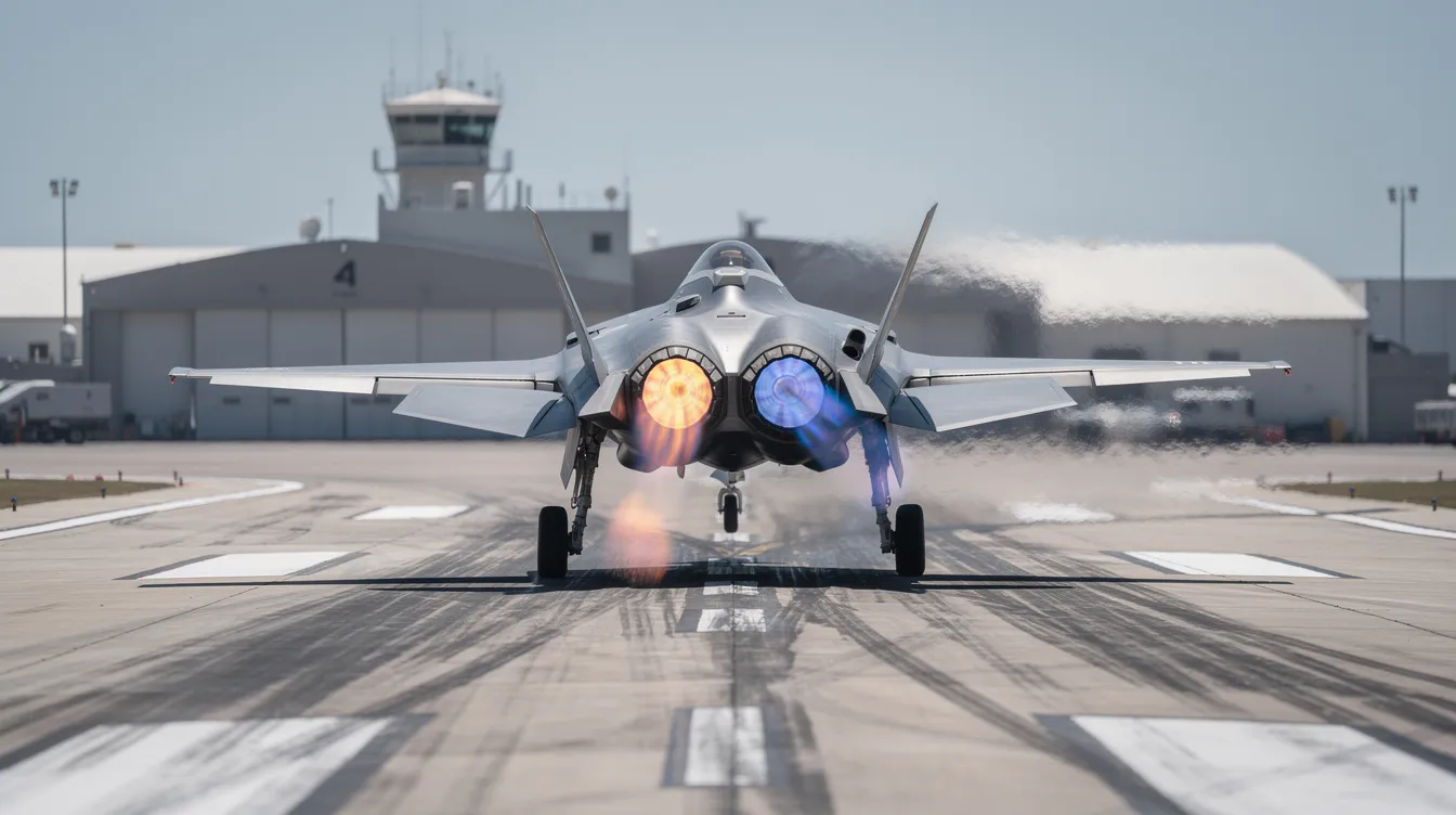 An F-35 fighter jet is taking off from a military runway, with heat distortion visible behind its powerful engines, showcasing its advanced capabilities and air superiority. This aircraft symbolizes a decisive advantage in combat operations and global security, embodying the future of air dominance.