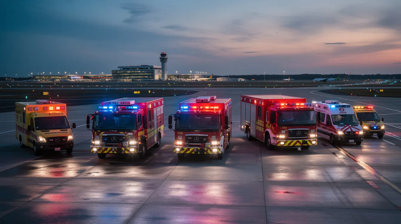 Emergency response vehicles with flashing lights are lined up on the tarmac of Chicago O'Hare International Airport beside a runway at dusk, ready to assist in any situation involving aircraft operations. In the background, a United Airlines Boeing 737 Max 8 is visible, highlighting the importance of safety and efficiency in flight operations.