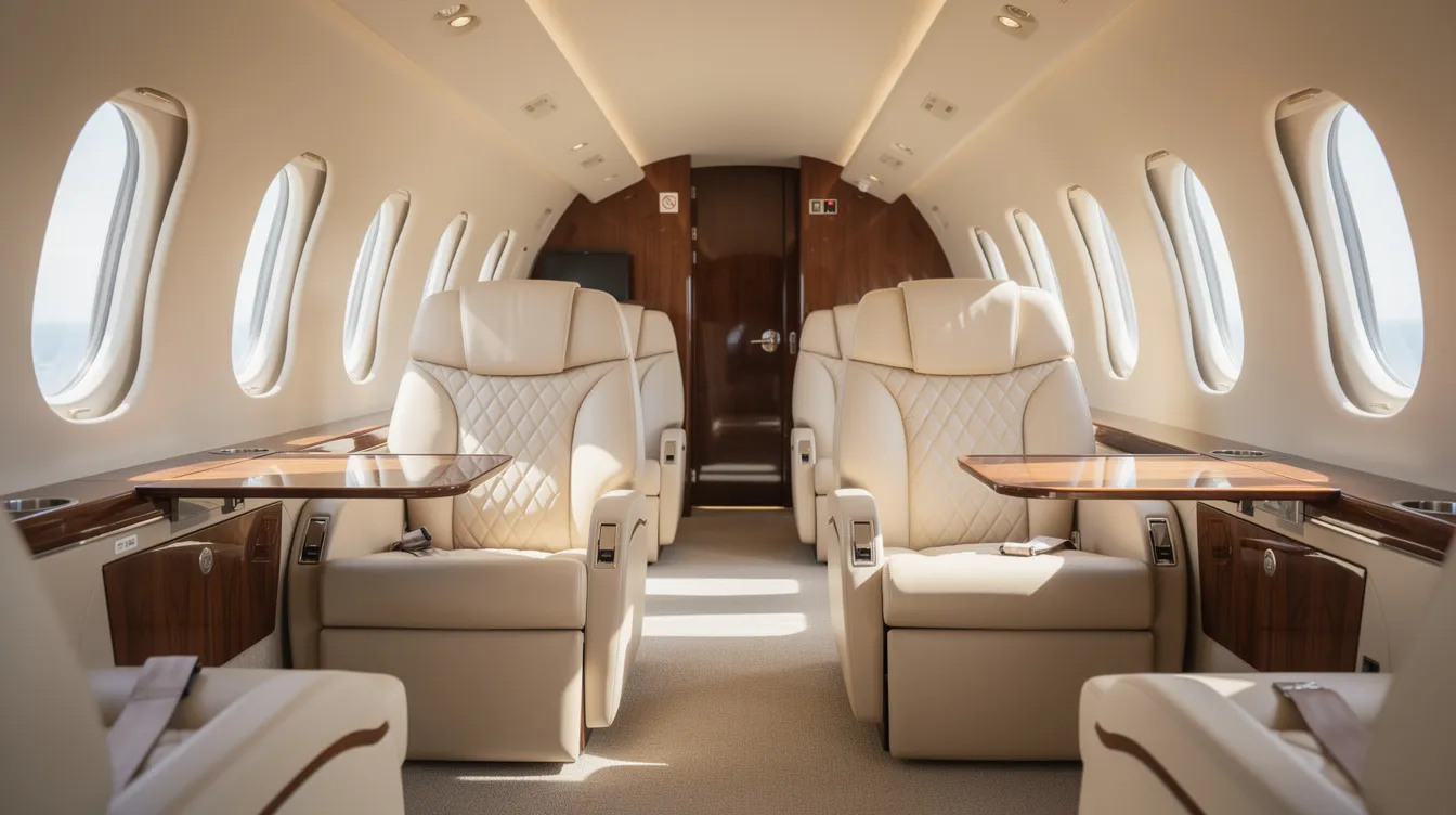 The image depicts the interior of a spacious private jet cabin featuring cream leather seats and warm wood accents, illuminated by natural light streaming through oval windows. This luxurious setting showcases the comfort and elegance typical of high-end aircraft, ideal for travelers flying with airlines like United.