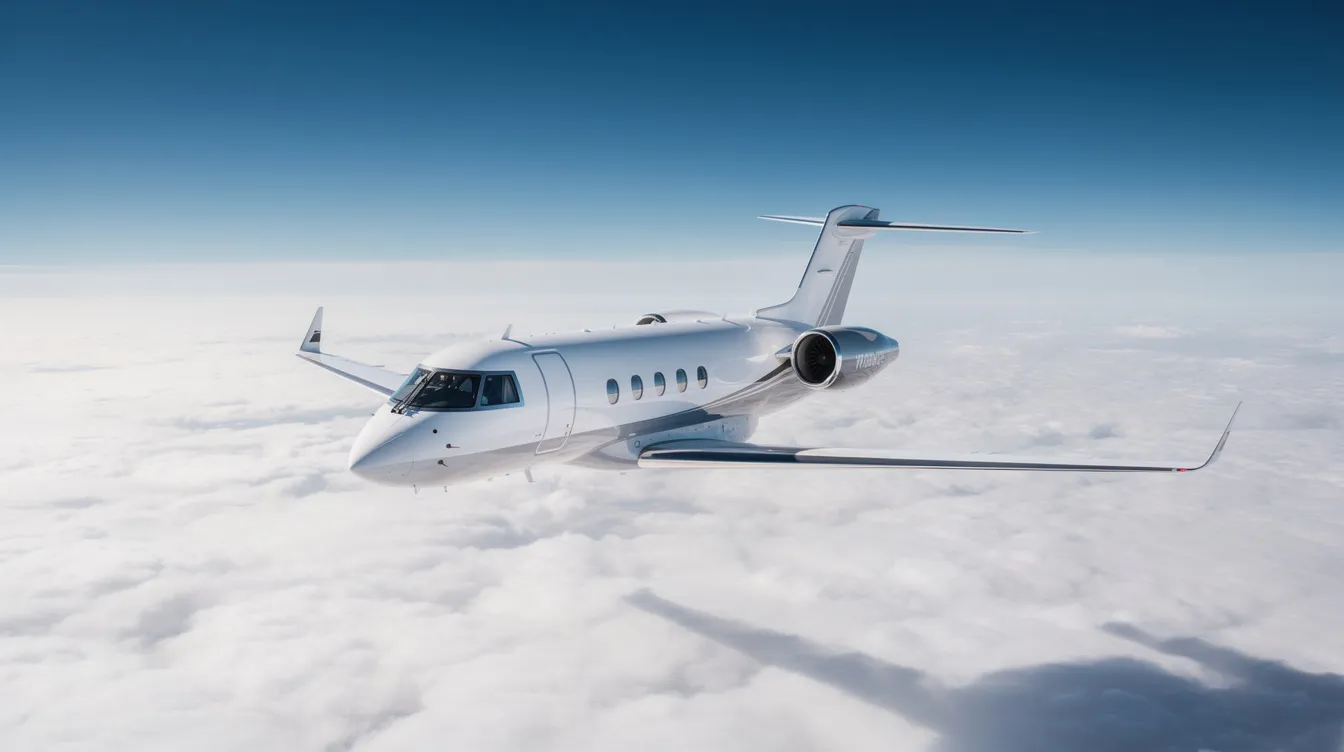 A sleek private jet, resembling a Boeing 737 Max 8, soars through the sky above a thick layer of fluffy white clouds, with a vibrant blue sky visible above. This image captures the essence of flight, showcasing the efficiency and elegance of modern aircraft in motion.