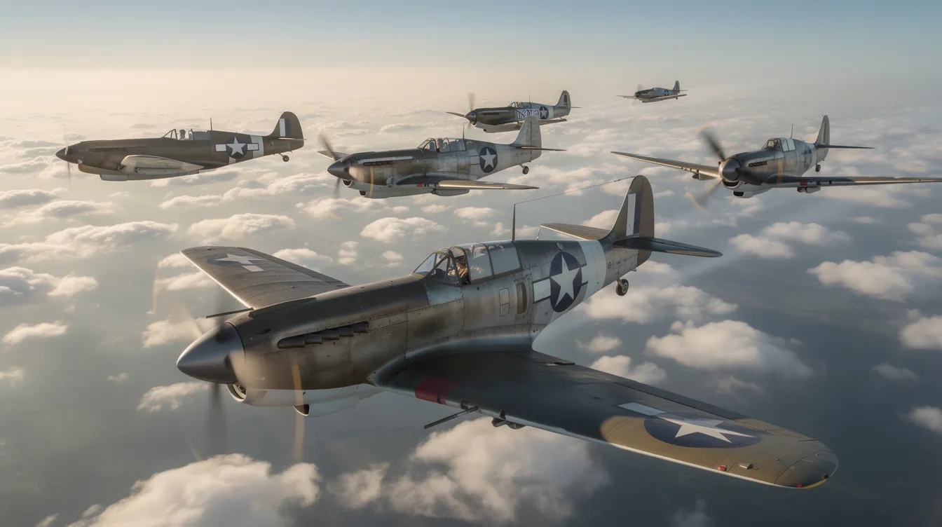 A formation of World War II era propeller-driven fighter planes gracefully flies above scattered clouds, showcasing the iconic design and historical significance of military aircraft from that period. The scene evokes a sense of nostalgia for the daring fighter pilots who engaged in air combat during the war.