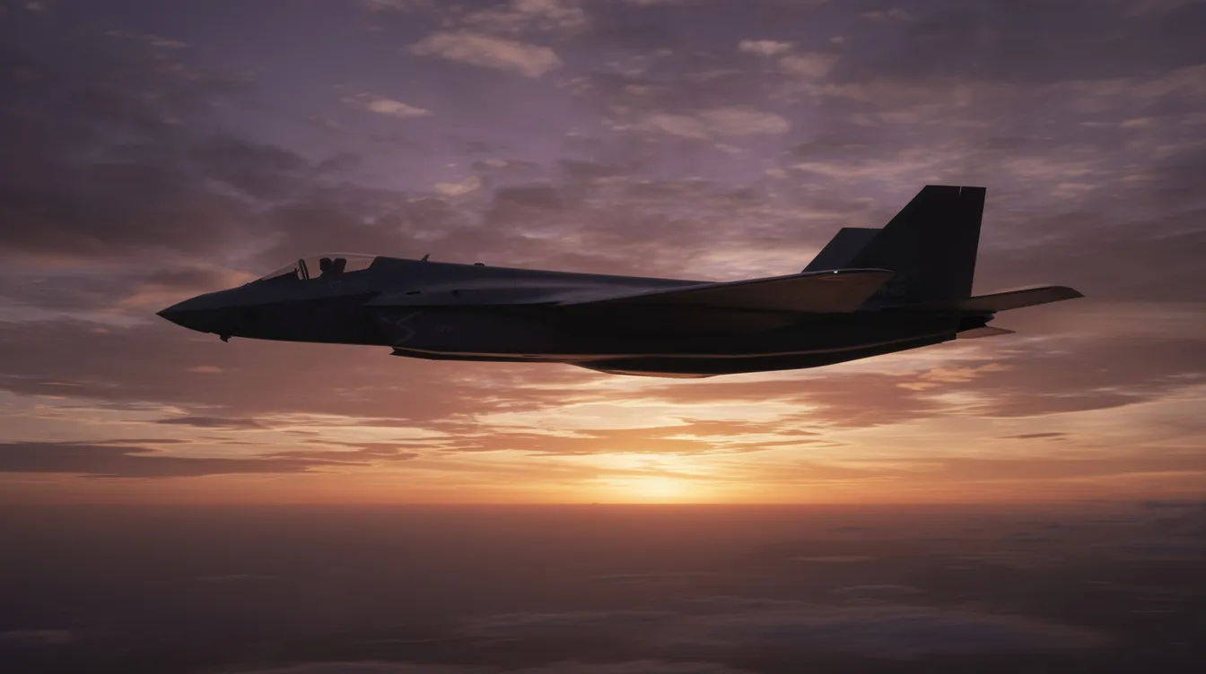 A stealth fighter jet is depicted as a dark silhouette against a stunning sunset sky filled with vibrant orange and purple hues, symbolizing the advanced technology and capabilities of modern military aircraft. This image evokes the dreams of fighter pilots and the thrilling essence of air superiority in combat.