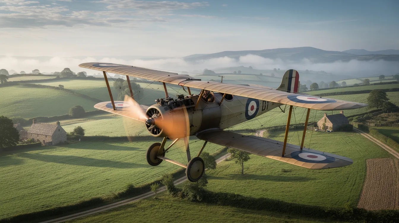 A vintage World War I biplane, with its classic propeller design, is flying low over a lush green countryside landscape, evoking a sense of historical aviation and the early days of military aircraft. The scene captures the beauty of flight and the peacefulness of the land below, contrasting with the biplane's role in air combat during the war.
