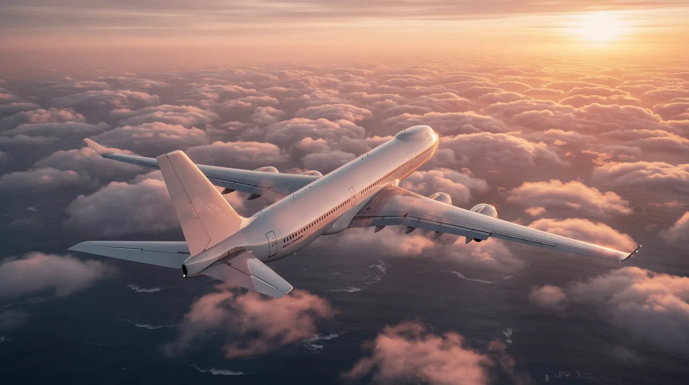A wide-body Boeing 787 aircraft is soaring above a sea of clouds during a vibrant sunset, with the shimmering ocean visible below. This image captures the essence of flight, showcasing the plane's impressive range and fuel efficiency as it carries passengers across the world.