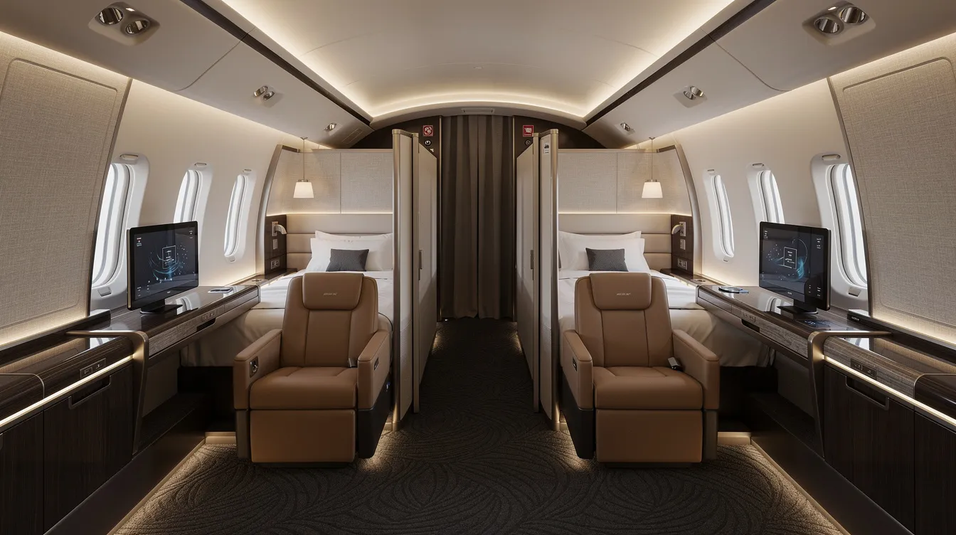 The image depicts a luxurious first-class cabin interior of a wide-body aircraft, featuring private suites with soft lighting and premium finishes, designed to enhance passenger comfort on long flights. This elegant setting showcases the modern amenities that distinguish airlines like Korean Air and British Airways, making it an ideal choice for those who prefer a lavish flying experience.