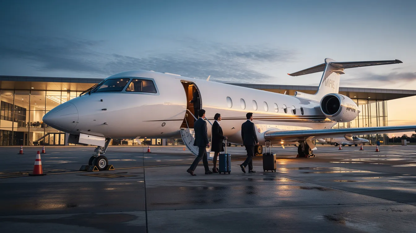 A sleek modern private jet is parked at a private aviation terminal, with passengers walking toward the aircraft steps as dusk settles in. The scene captures the elegance of the aircraft, highlighting its design and the anticipation of the flight ahead.