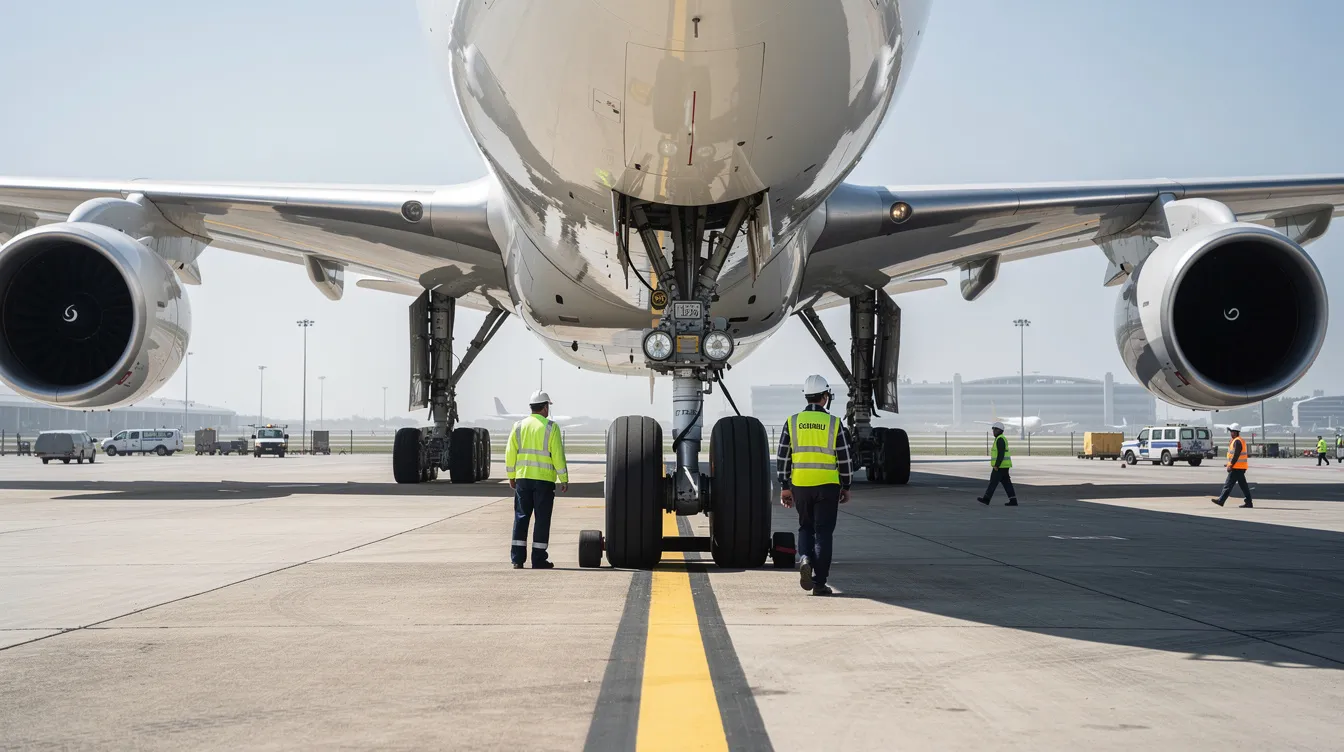 A massive wide-body aircraft, possibly an Airbus A380 or Boeing 747, is taxiing on an airport runway, showcasing its impressive wingspan and landing gear. Ground crew members are visible nearby, emphasizing the aircraft's physical dimensions and the scale of modern aviation.