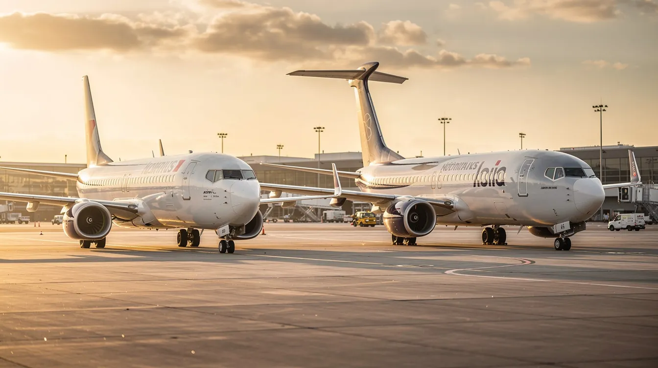 The image depicts two generations of Boeing 737 aircraft parked side by side on an airport ramp, highlighting the differences in engine size and winglet design between the older and newer models. This visual comparison illustrates the evolution of the Boeing 737 over time.