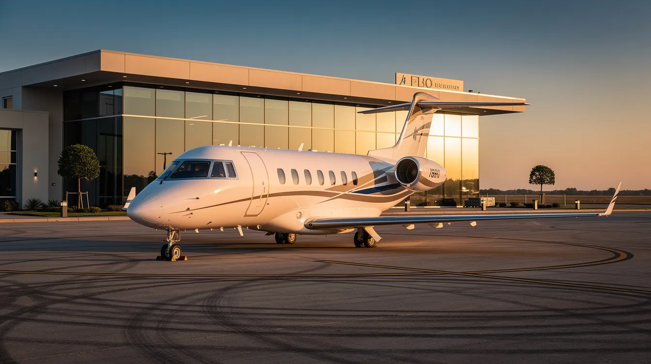 A sleek midsize private jet is parked on a tranquil private aviation apron, with a modern FBO terminal building visible in the background, all bathed in the warm glow of golden afternoon light. The scene captures the elegance and purpose of private air travel, reminiscent of the sophistication associated with aircraft like the Boeing 737.