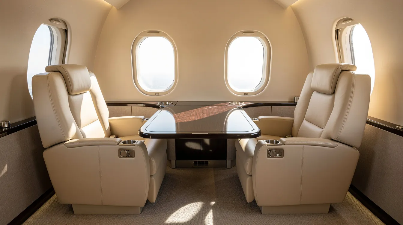 The image depicts the luxurious interior of a private jet, featuring cream leather executive seats arranged in a club configuration with a small conference table between them. Natural light filters in through oval windows, creating an inviting atmosphere for meetings or relaxation while in the air.