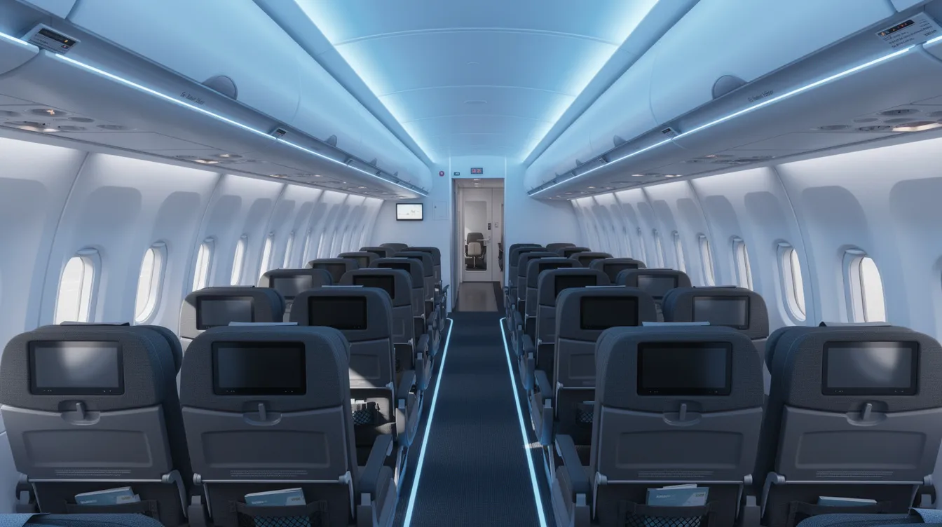 The image depicts the interior of a modern narrow-body commercial aircraft cabin, specifically a Boeing 737, showcasing rows of economy seats illuminated by blue LED overhead lighting and large overhead bins, viewed from the front towards the rear of the aircraft. The sleek design and spacious layout contribute to a comfortable flying experience.