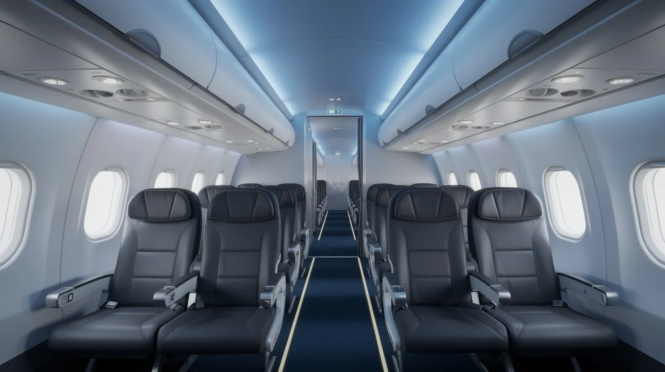 The image shows the interior of a modern narrow-body aircraft cabin, featuring blue LED mood lighting and spacious overhead bins, designed to enhance passenger comfort. This setup is part of the new Boeing 737 MAX model, reflecting the airline's commitment to fuel efficiency and reliability for its customers.
