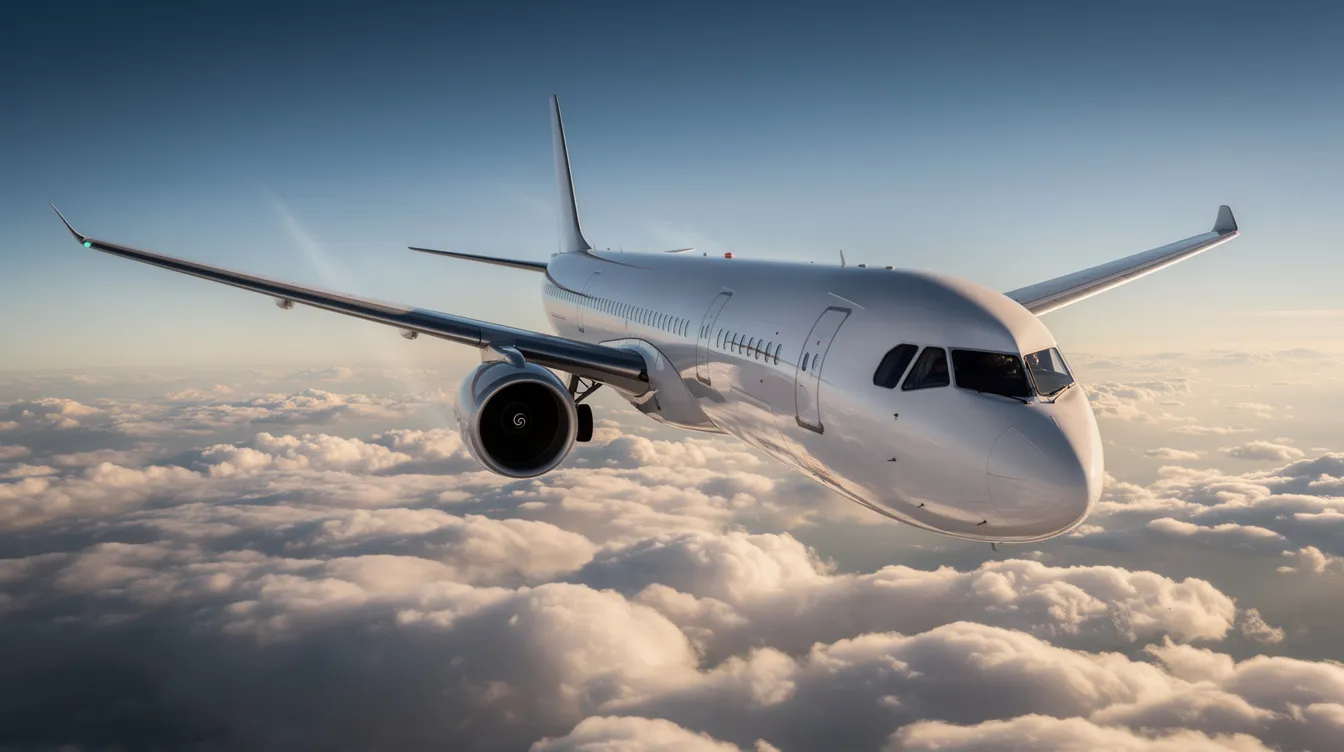 A large twin-engine commercial aircraft, specifically a Boeing 737 Max, soars above the clouds with sunlight glinting off its fuselage, symbolizing a significant milestone in airline efficiency and reliability. This fuel-efficient model represents the future of air travel, committed to accommodating more passengers while ensuring safety and growth for the airline industry.