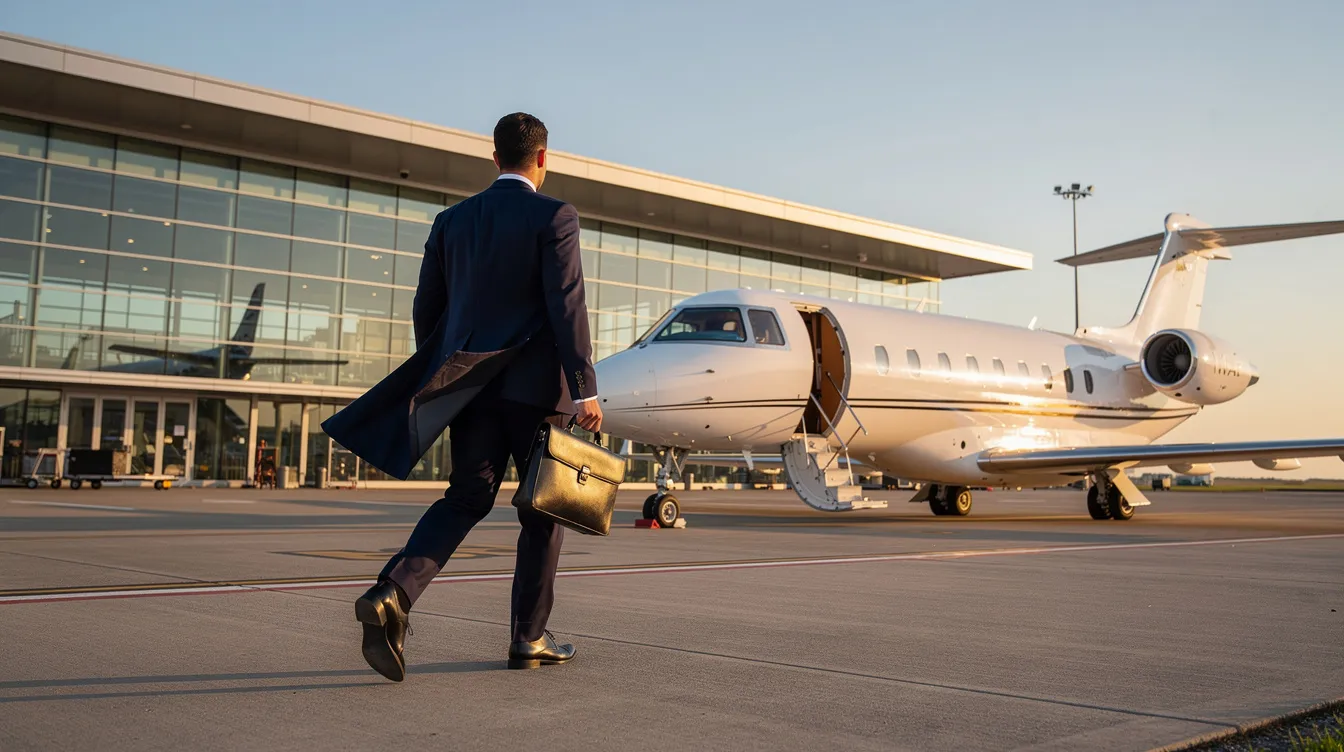 An executive is walking confidently toward a private jet on the tarmac, with a sleek modern terminal building visible in the background. This scene captures the essence of luxury travel, highlighting the significance of new aircraft in the airline industry.