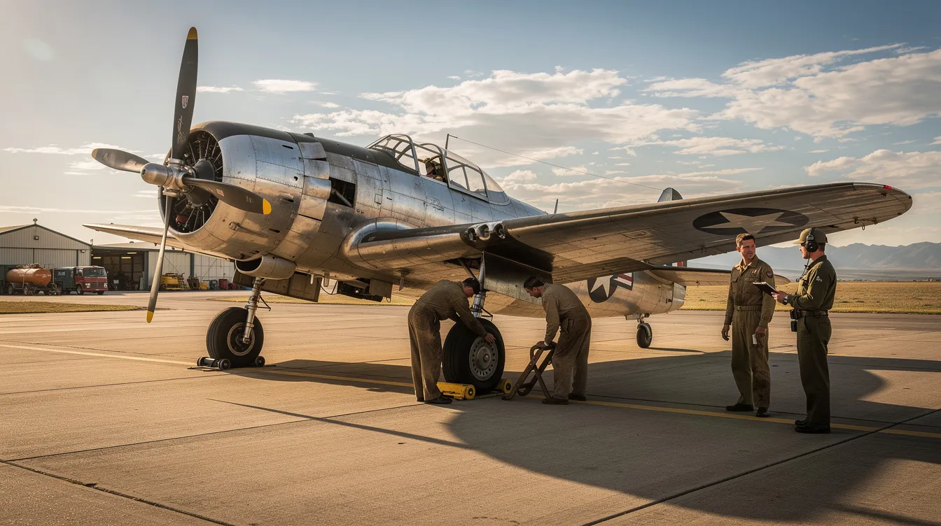 A vintage propeller-driven aircraft, reminiscent of mid-20th century designs, is parked on a tarmac with ground crew members attending to it. The scene captures the essence of aviation history, showcasing the elegance of early Boeing models.