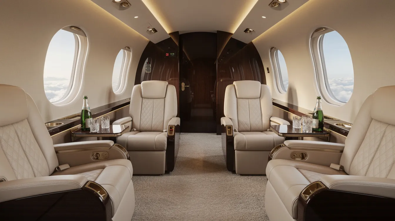 The image depicts a luxurious private jet cabin interior featuring plush leather seating, soft ambient lighting, and elegant polished wood accents, creating an atmosphere of sophistication typical of high-end aircraft like the Boeing 737 Max.