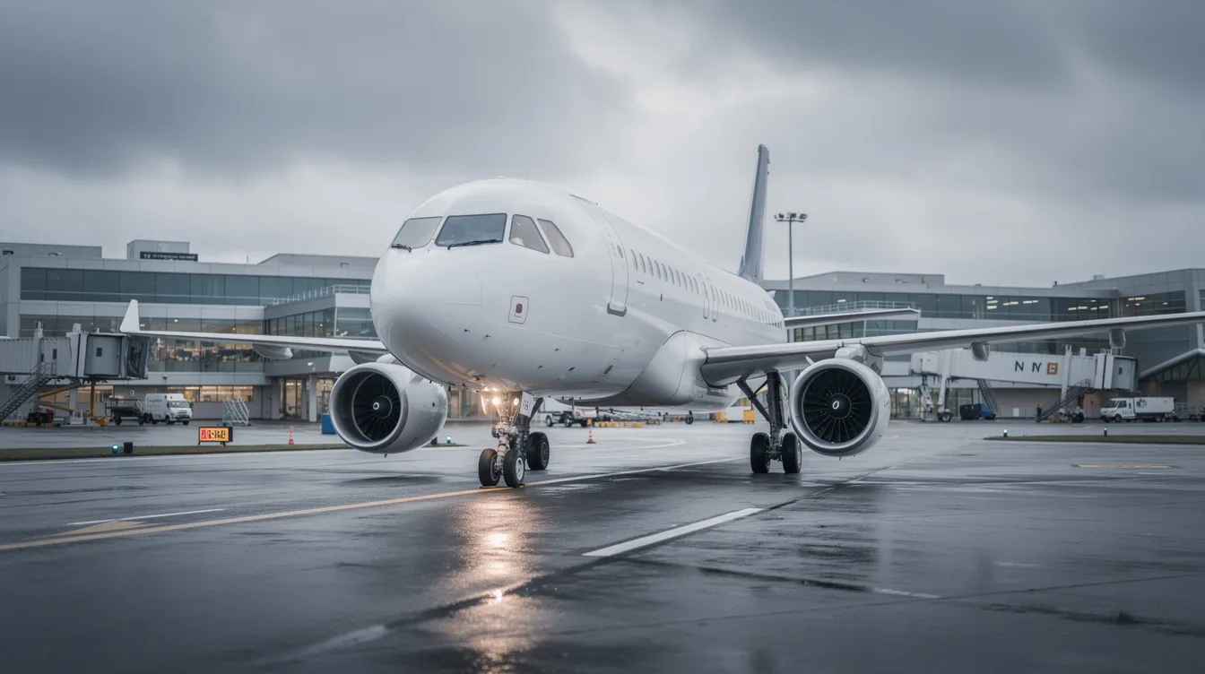 A Boeing 737 Max, a type of commercial narrow-body jet aircraft, is positioned on a runway with airport terminal buildings visible in the background, all under a blanket of overcast skies.
