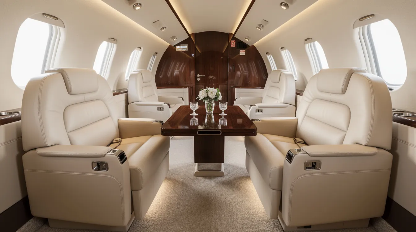 The image depicts a luxurious private jet interior featuring cream leather club seats arranged to face each other, with a small table positioned between them, providing an elegant setting for passengers to relax during their flight. The spacious layout emphasizes comfort, similar to business class seating in commercial airlines.