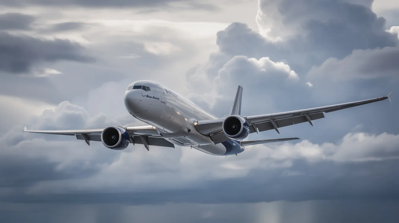 A Boeing plane is soaring through cloudy skies, showcasing its sleek design and powerful presence in the air. The aircraft is configured for long haul flights, with a typical economy class seating layout that includes options for window seats and extra legroom.