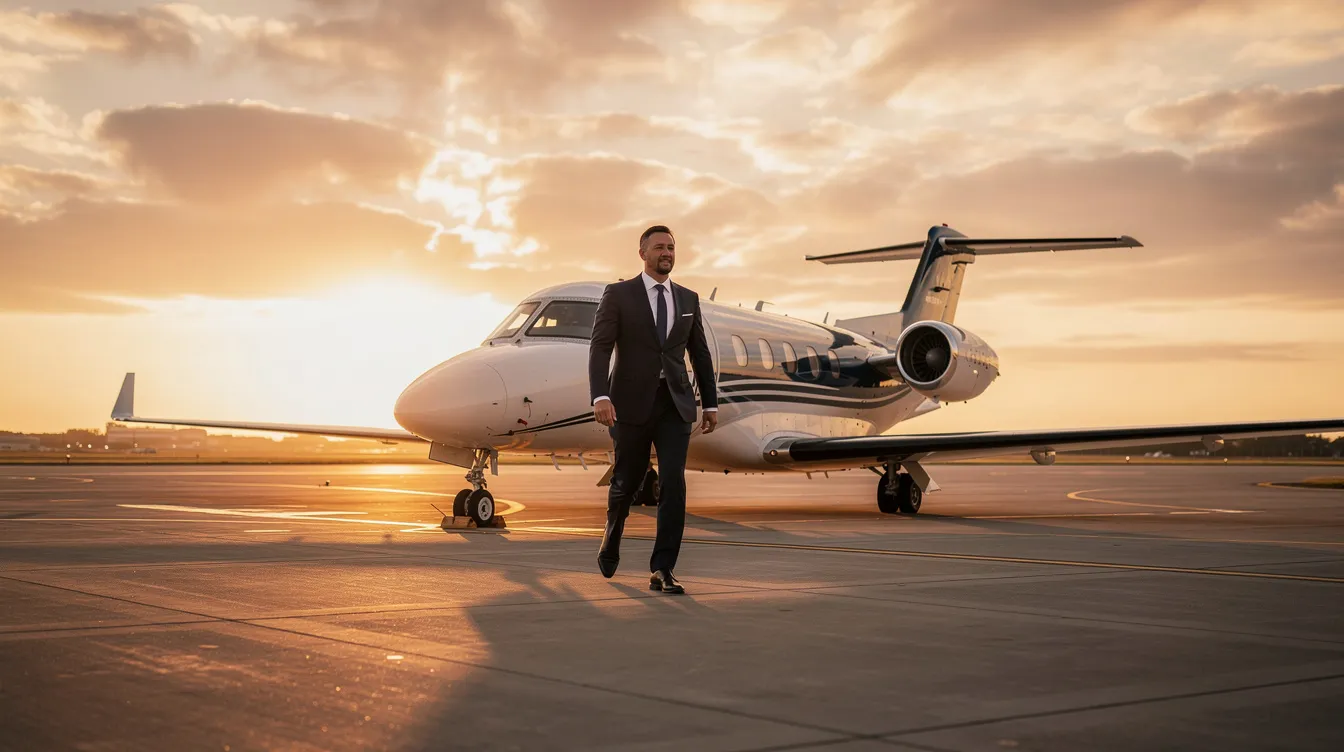 An executive in a tailored business suit walks confidently toward a sleek private turboprop airplane on the tarmac, illuminated by the warm glow of sunset. The aircraft, designed with lightweight carbon fiber for optimal performance and safety, showcases its modern features and strong build, ready for a great journey ahead.