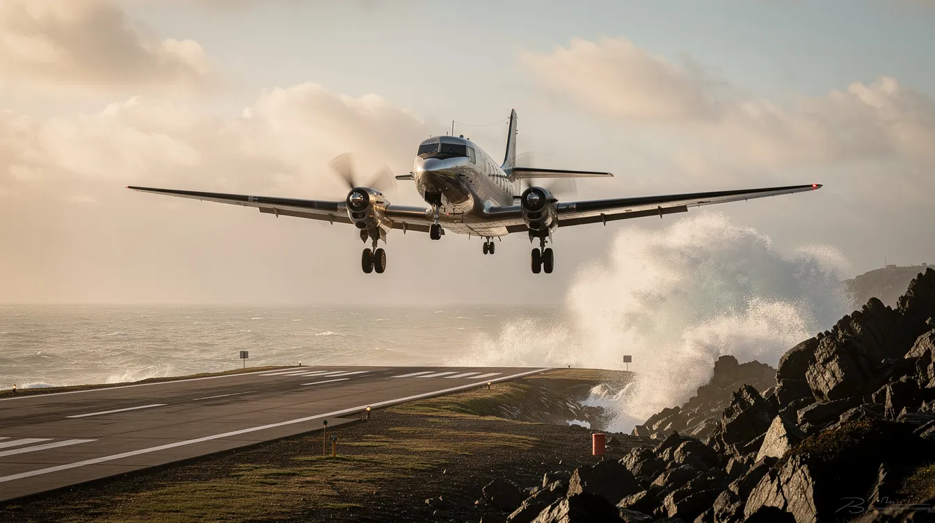 A twin-engine airplane, designed with a lightweight carbon fiber structure for optimal performance, is landing on a short coastal runway, with waves crashing against nearby rocks. The aircraft showcases its maneuverability and safety features, making it a great choice for various types of operations today.