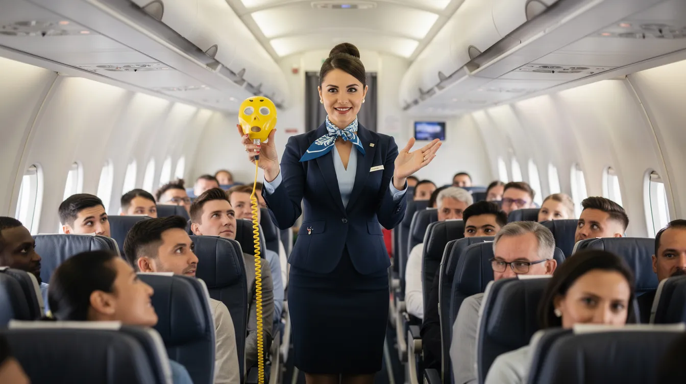 A flight attendant is demonstrating safety procedures in the aisle of an airplane, holding an oxygen mask to show passengers how to use it. This role is essential for ensuring passenger safety and is a vital part of the job that American Airlines flight attendants perform during flights.