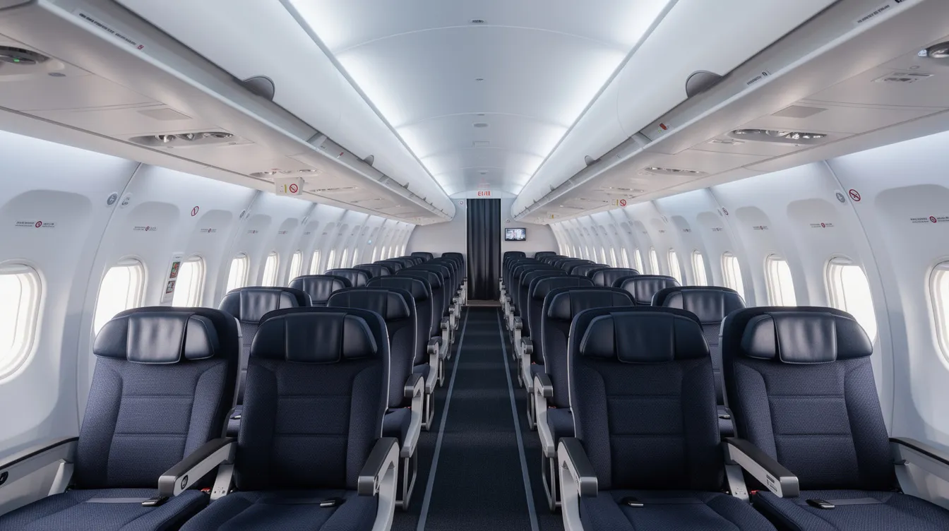 The image shows the interior of a wide-body commercial airplane cabin featuring multiple rows of seats and spacious overhead bins. This setting is typical for American Airlines, where flight attendants provide service to passengers, contributing to their experience during the flight.