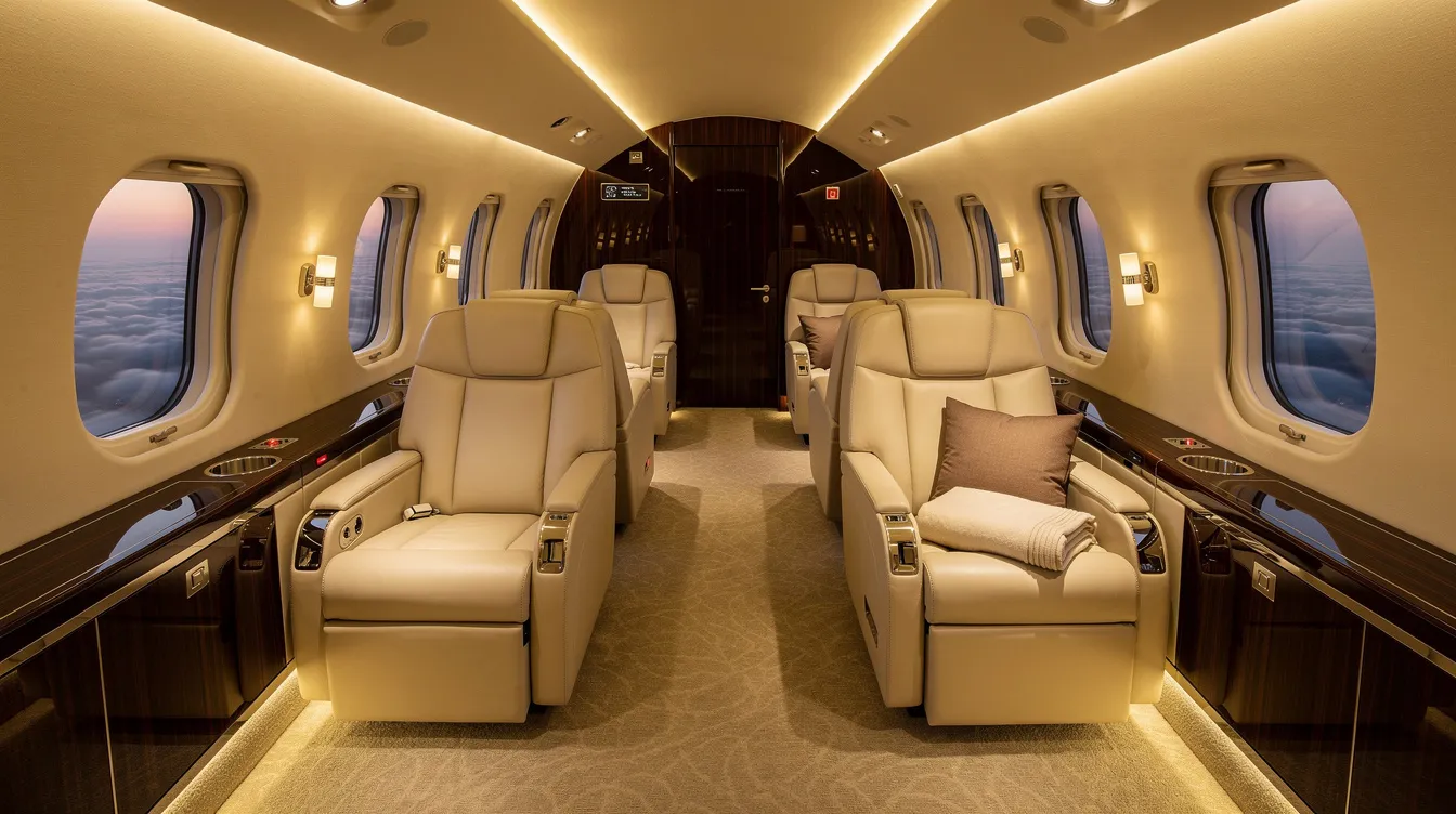 The image depicts the luxurious interior of a private jet cabin, featuring cream leather seats and soft, warm ambient lighting that creates an inviting atmosphere. This elegant space is designed for comfort and exclusivity, perfect for those who appreciate the finer aspects of air travel, much like the benefits and pay associated with roles such as flight attendants at American Airlines.