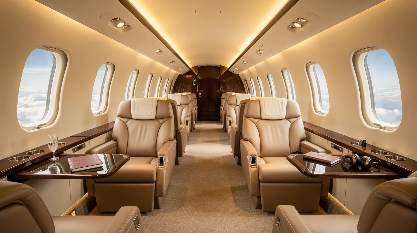 The image depicts the interior of a spacious private jet cabin, featuring plush leather seats and warm ambient lighting, creating an inviting atmosphere for passengers. This luxurious aircraft design is ideal for comfortable flights, reflecting the high standards of modern aviation service.