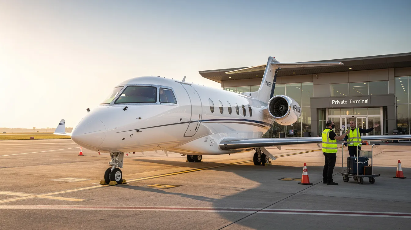 A private jet is parked on the tarmac at a private terminal, with ground crew members nearby attending to the aircraft. The scene highlights the exclusive nature of private flights, emphasizing the service and attention provided to passengers.