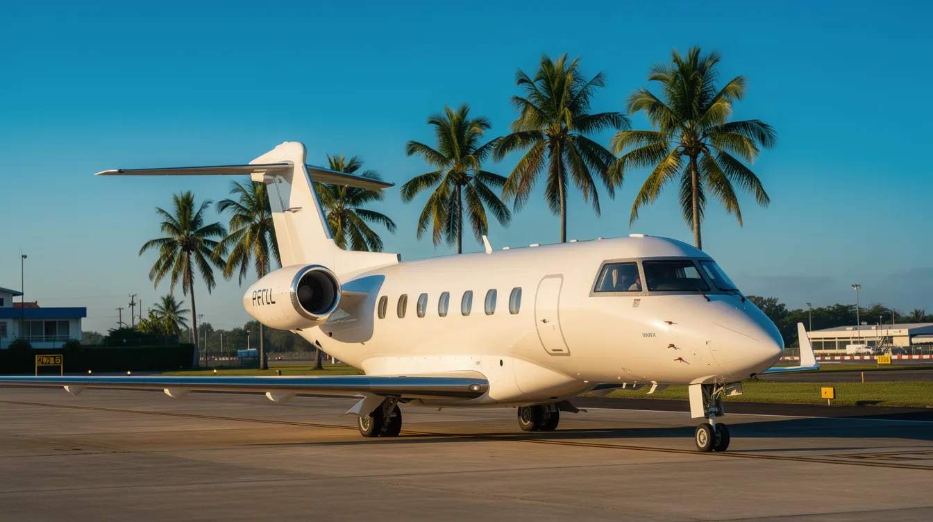 A sleek white private jet is parked on a sunlit tarmac at a small airport, surrounded by palm trees and under a clear blue sky, suggesting a luxurious journey to Las Vegas from Los Angeles. The scene captures the essence of private jet travel, emphasizing the convenience and elegance of charter flights to popular destinations like Harry Reid International Airport.