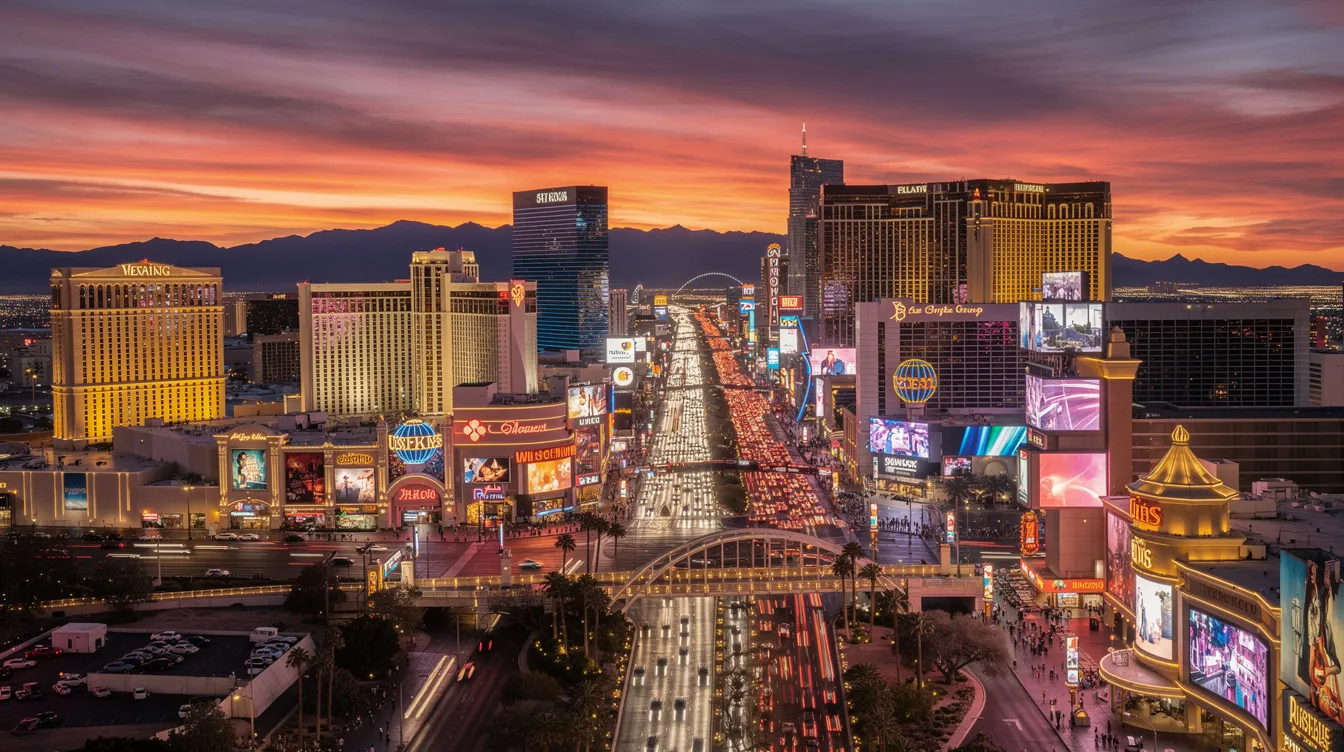 The image depicts the vibrant Las Vegas Strip skyline at dusk, illuminated by a myriad of glowing lights against the backdrop of a stunning desert sunset. This iconic view highlights the allure of Las Vegas, a popular destination for travelers seeking luxury and entertainment.