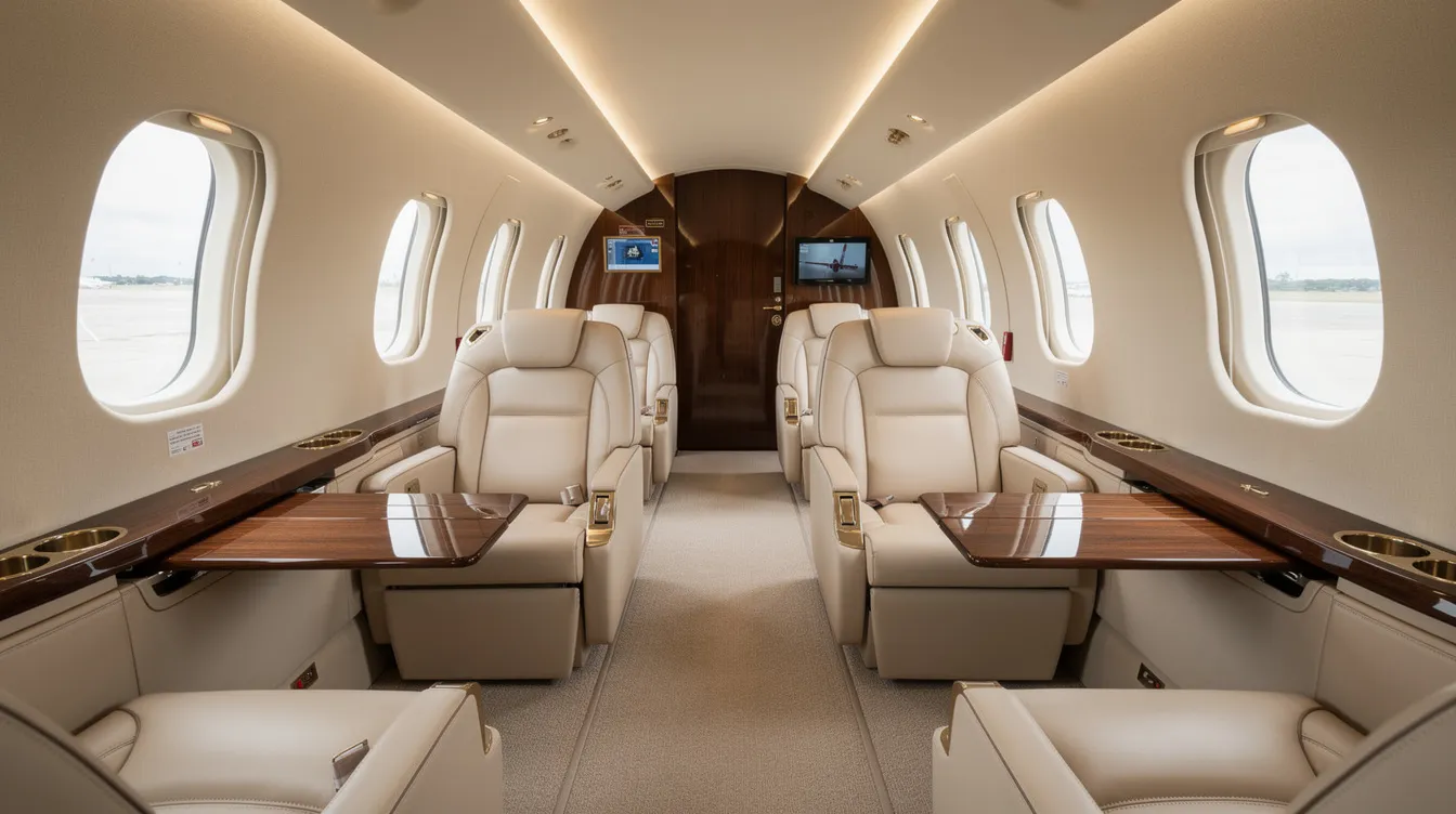 The image depicts the interior of a luxurious private jet cabin featuring cream leather seats and polished wood accents, with natural light flooding in through oval windows. This elegant space is designed for comfort and style, perfect for travelers heading to destinations like Las Vegas or Los Angeles.