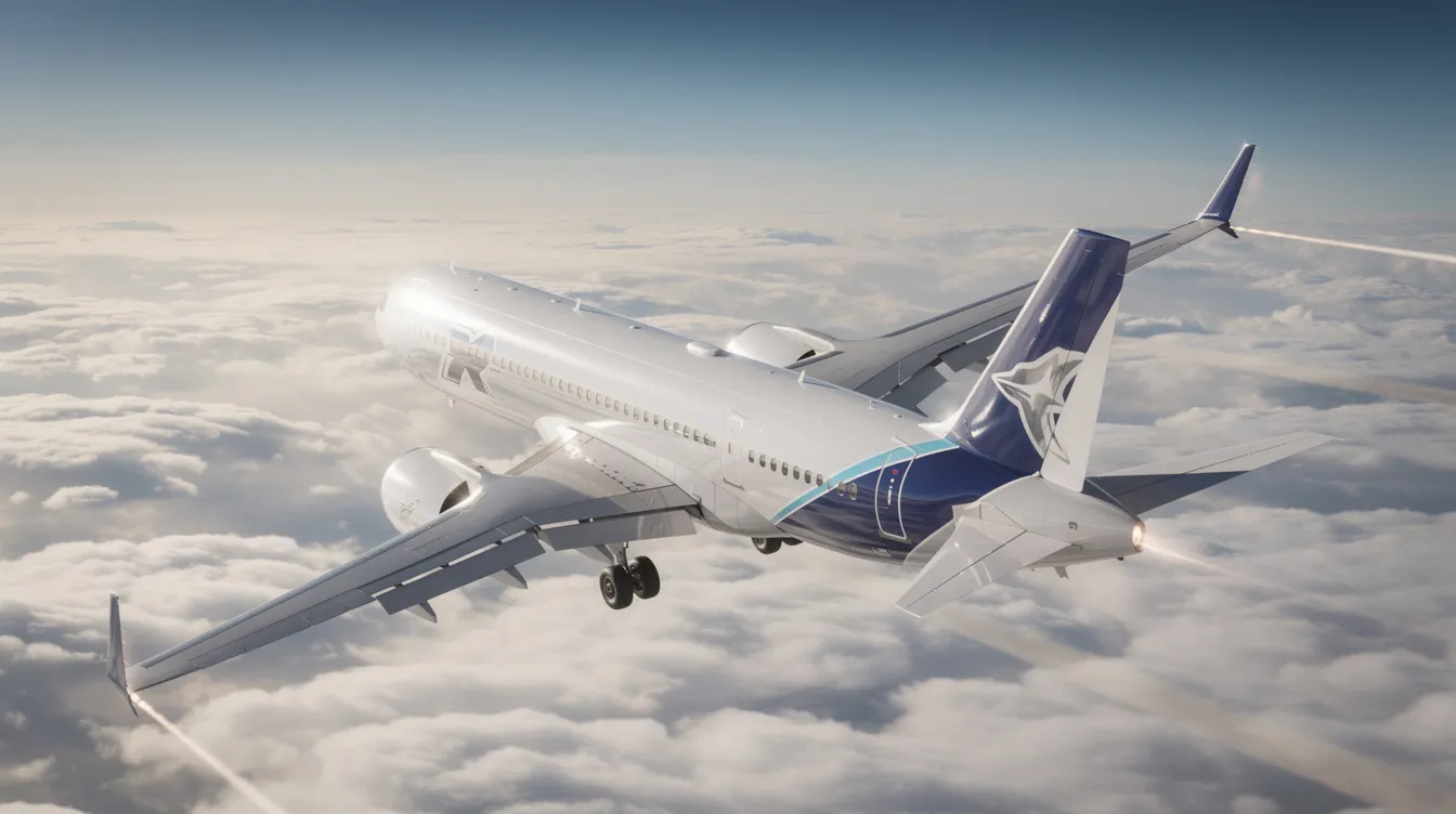 A modern twin-engine wide body airliner is cruising gracefully above a sea of clouds, with sunlight glinting off its wings. The aircraft, designed for fuel efficiency and passenger comfort, showcases its wide fuselage and sleek profile against the bright blue sky.