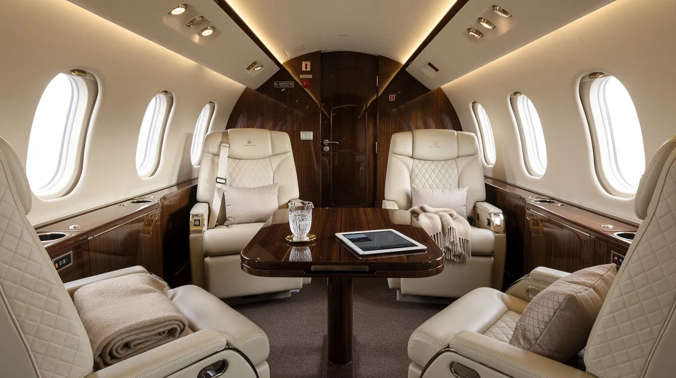 The image depicts the interior of a luxurious private jet cabin, showcasing plush leather seats arranged in a spacious layout with soft ambient lighting, designed to provide a comfortable experience for passengers. This elegant setting highlights the widebody airliner features that accommodate travelers seeking both luxury and efficiency in air travel.